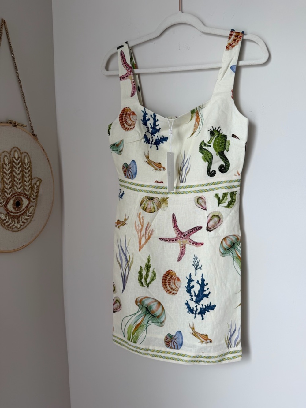 Caroline Constas Cream Sea Life Print Linen Blend Mini Sundress